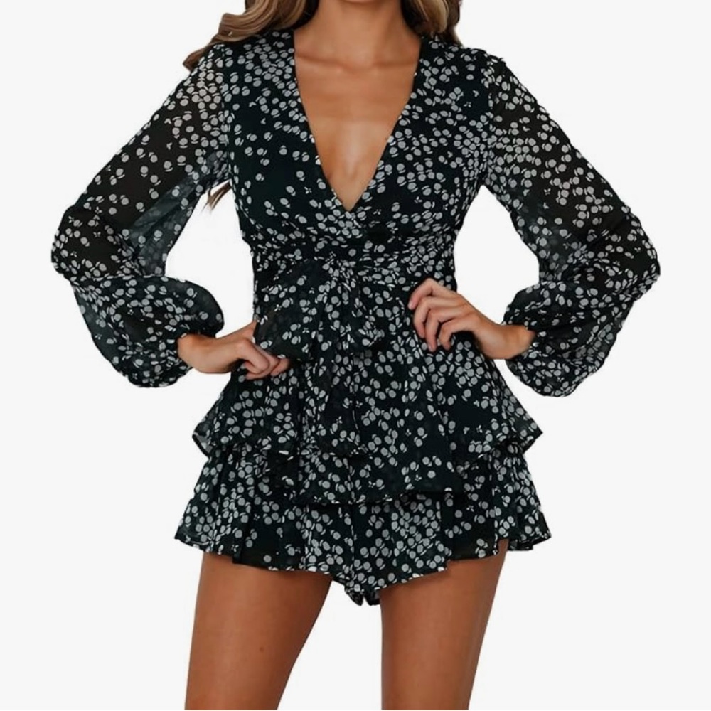 Black and Grey Floral Long Sleeve Romantic Ruffle Romper Small